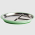 Low side view of a Nestling stainless steel divided plate with mint green silicone suction base, Adventure Awaits