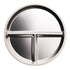 Round stainless steel divided plate with three meal compartments on a white background, Adventure Awaits