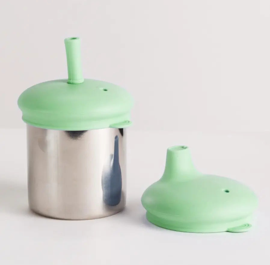 Mint green baby cup with stainless steel body and silicone straw lids — Adventure Awaits