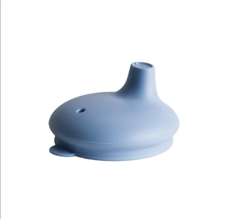 Blue silicone sippy cup lid with spout and air vent — Adventure Awaits