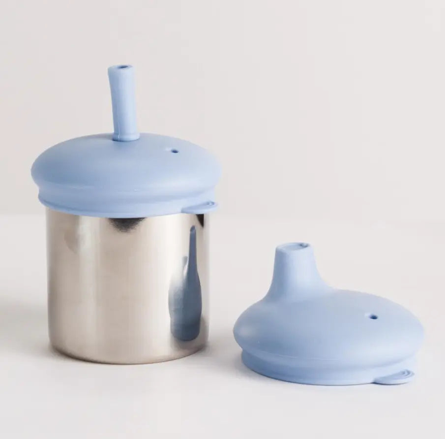 Nestling stainless steel sippy cup with blue silicone straw and spout lids — Adventure Awaits