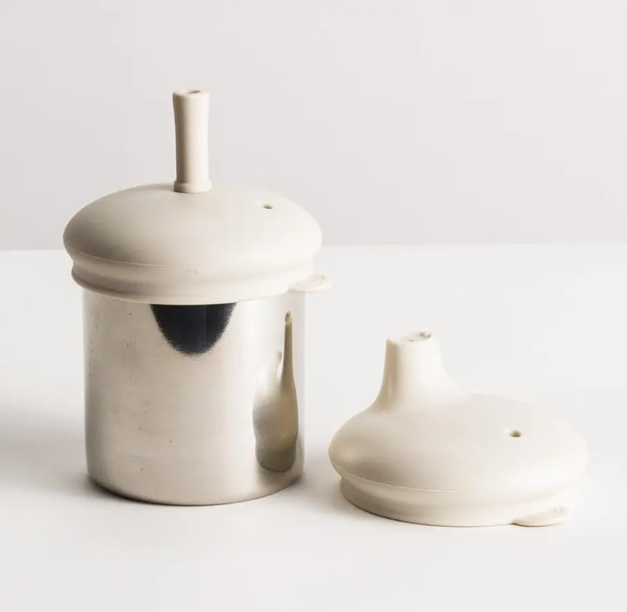 Nestling stainless steel sippy cup with cream silicone straw and spout lids — Adventure Awaits