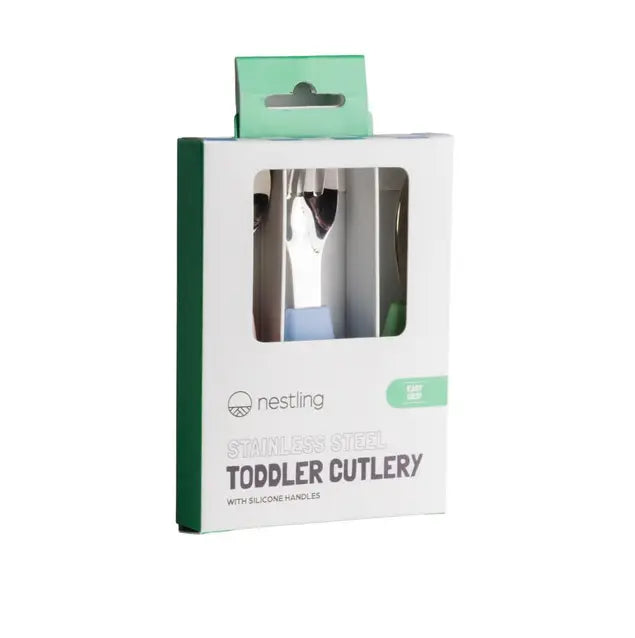 Nestling stainless steel toddler cutlery set in box with silicone handles — Adventure Awaits