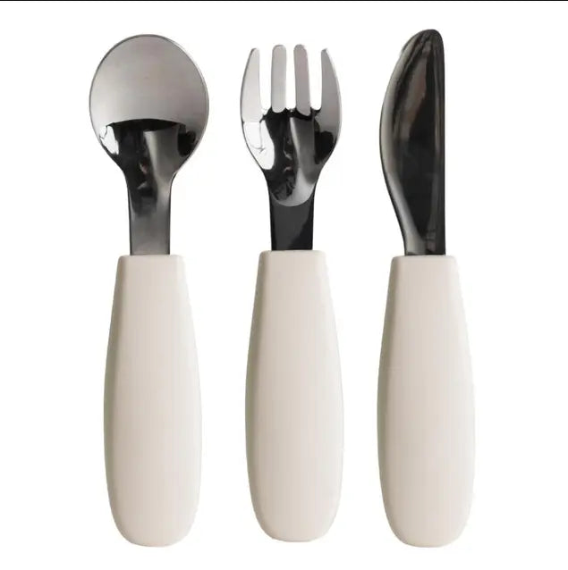 Cream baby cutlery set with stainless steel spoon, fork and knife — Adventure Awaits