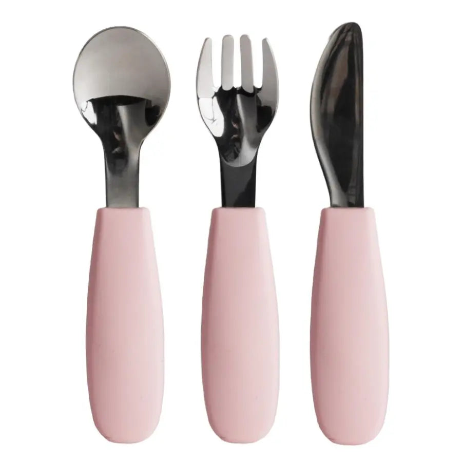 Pink baby cutlery set with stainless steel spoon, fork and knife — Adventure Awaits