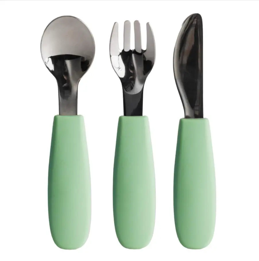 Mint green baby cutlery set with stainless steel spoon, fork and knife — Adventure Awaits