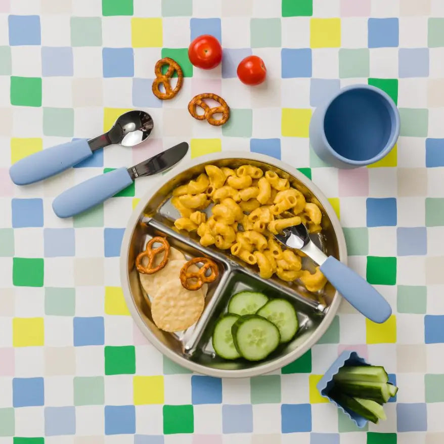 Blue baby plate and cutlery set with stainless steel divided plate and snacks — Adventure Awaits
