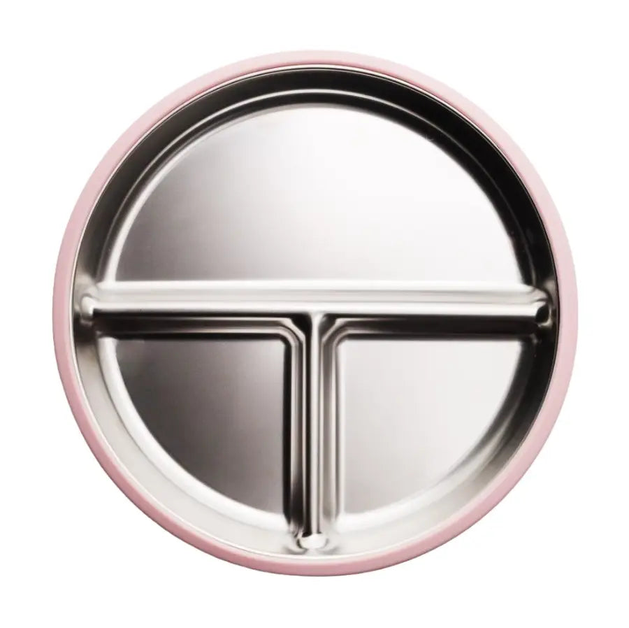 Pink baby divided plate with stainless steel sections and silicone rim — Adventure Awaits