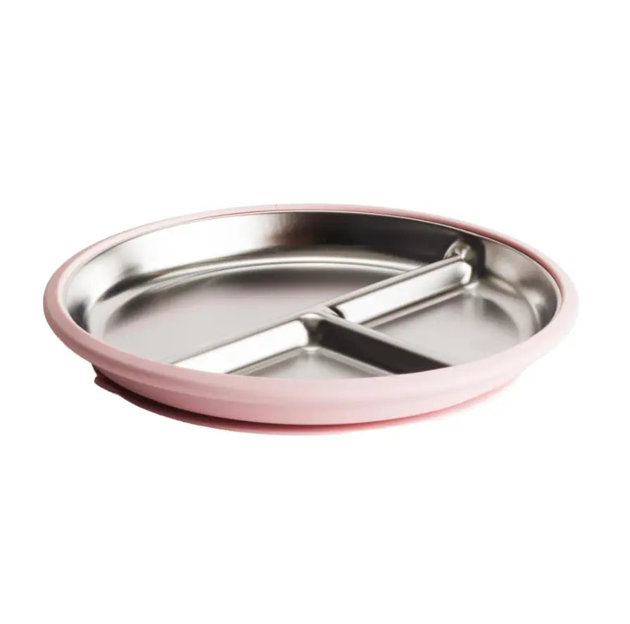 Pink baby divided plate side view with stainless steel sections — Adventure Awaits