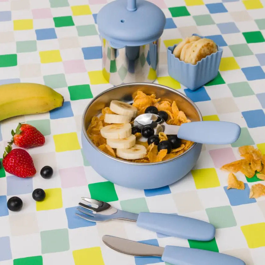 Blue baby bowl and cutlery set with cereal, fruit and matching cup — Adventure Awaits