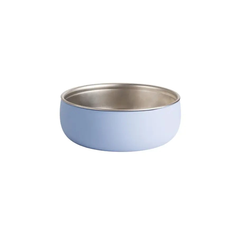 Blue baby bowl with stainless steel interior and low rounded sides — Adventure Awaits