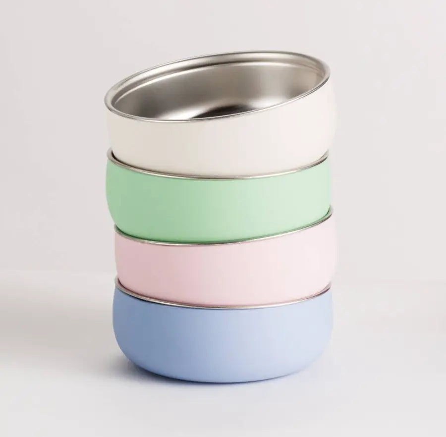 Stack of pastel baby bowls with stainless steel interiors — Adventure Awaits