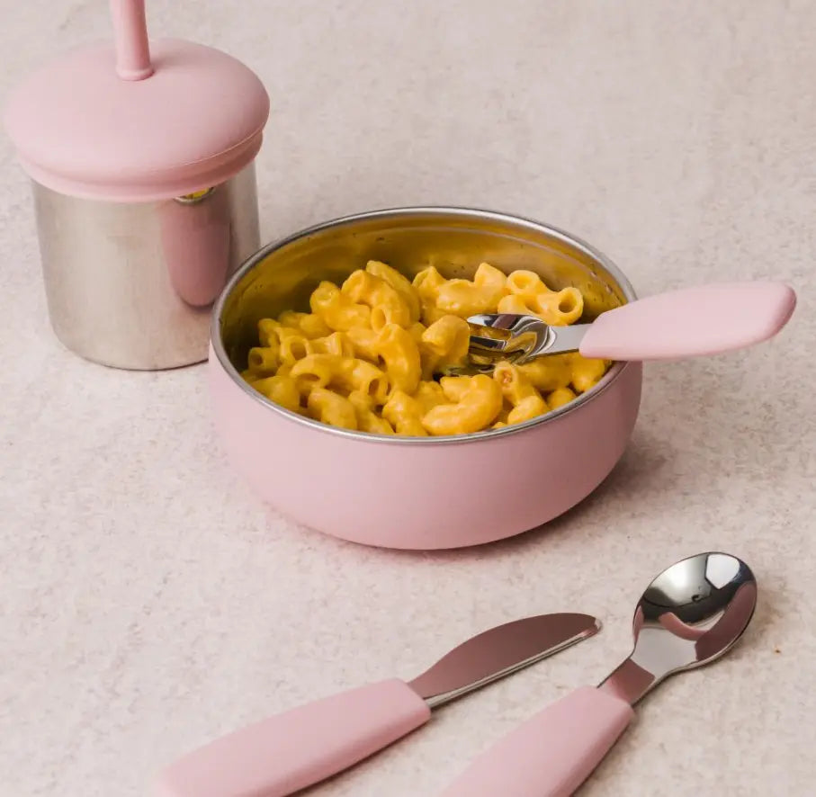 Pink baby bowl and cutlery set with pasta and matching cup — Adventure Awaits