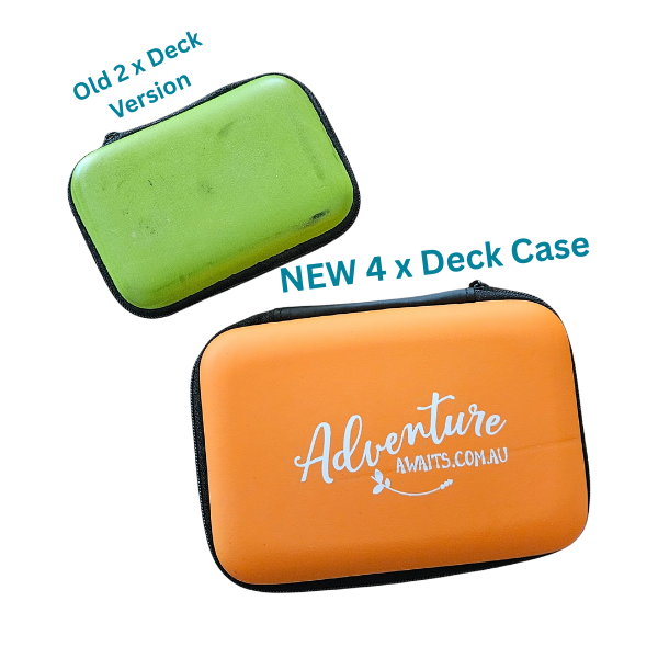 Orange and green playing card case with 'Adventure Awaits.com.au' text on a white background