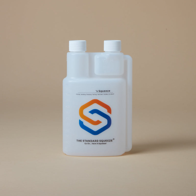 White Standard Squeeze Bottle with dual caps and colourful logo on a neutral background — Adventure Awaits