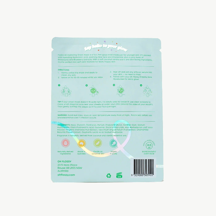 Back of a product packaging with text and icons on a light blue background
