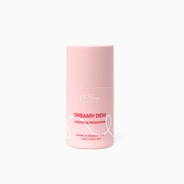 A pink tube of Oh Flossy Dreamy Dew Hydrating Moisturiser with a capacity of 50ml.