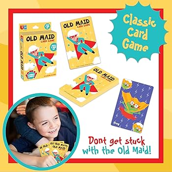 Child playing the Old Maid classic card game with colourful jumbo character cards, Adventure Awaits