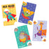 Set of colorful card game cards featuring cartoon characters on a white background