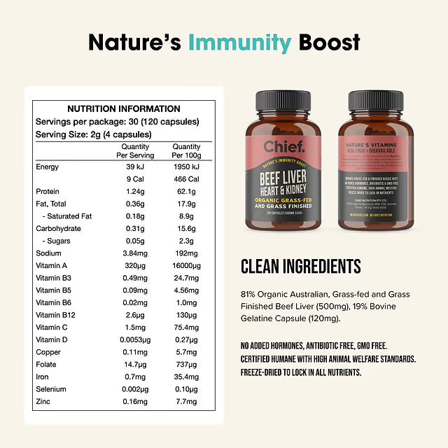 Chief Nutrition | Beef Liver, Heart & Kidney Immunity Boost 120 Capsules
