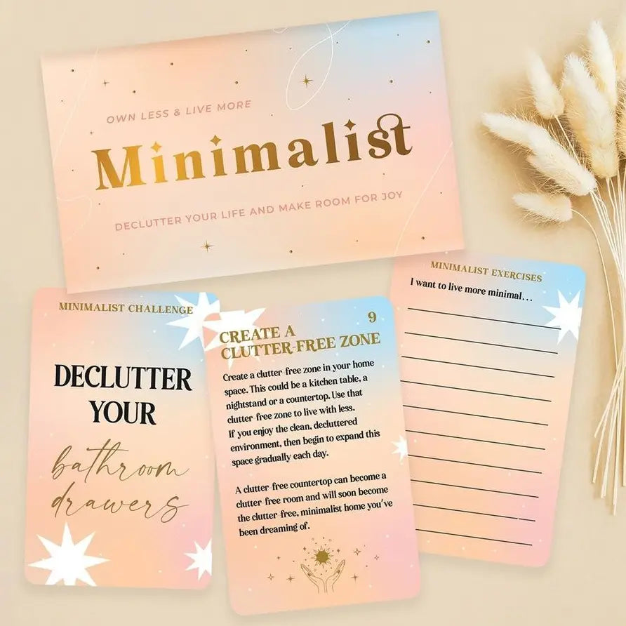 Minimalist card game with pastel decluttering challenge and exercise cards beside the box — Adventure Awaits