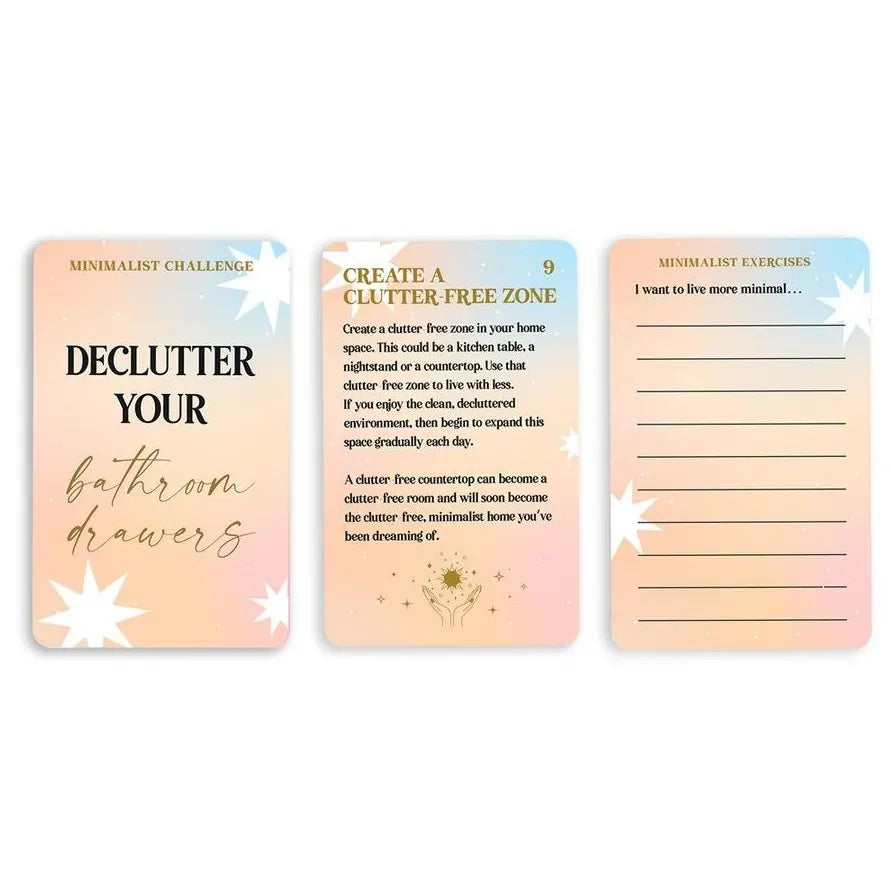 Minimalist decluttering challenge, clutter-free zone and exercise cards in pastel tones — Adventure Awaits