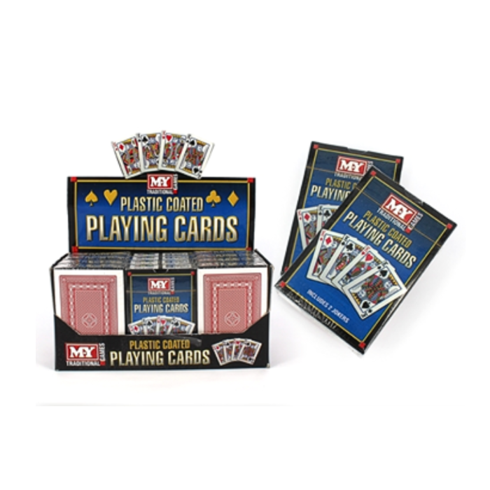 MY Traditional plastic-coated playing cards in red-backed deck boxes and display pack - Adventure Awaits