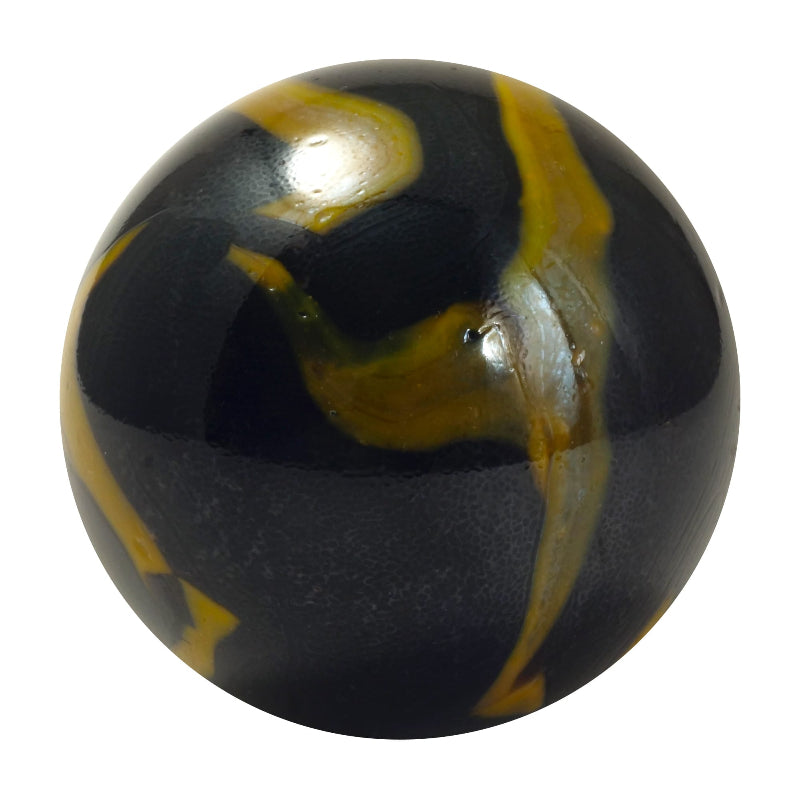 Black glass marble with flowing amber-gold swirls and a glossy finish — Adventure Awaits