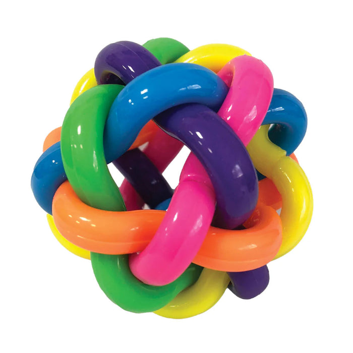 Bright interwoven rainbow sensory fidget ball on white background — Adventure Awaits
