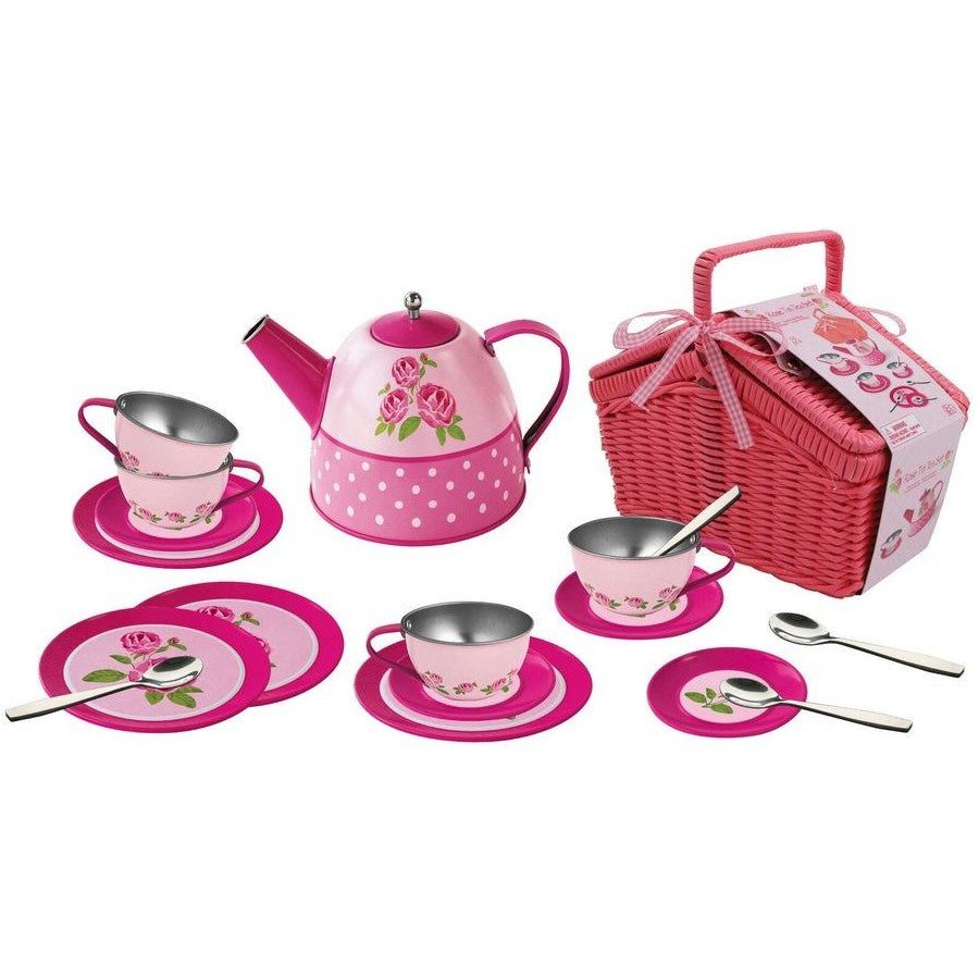 Tin Tea Set in Picnic Basket 18pc
