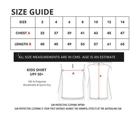 Kids UPF50+ fishing shirt size guide for sizes 2–14 with chest and length measurements — Adventure Awaits
