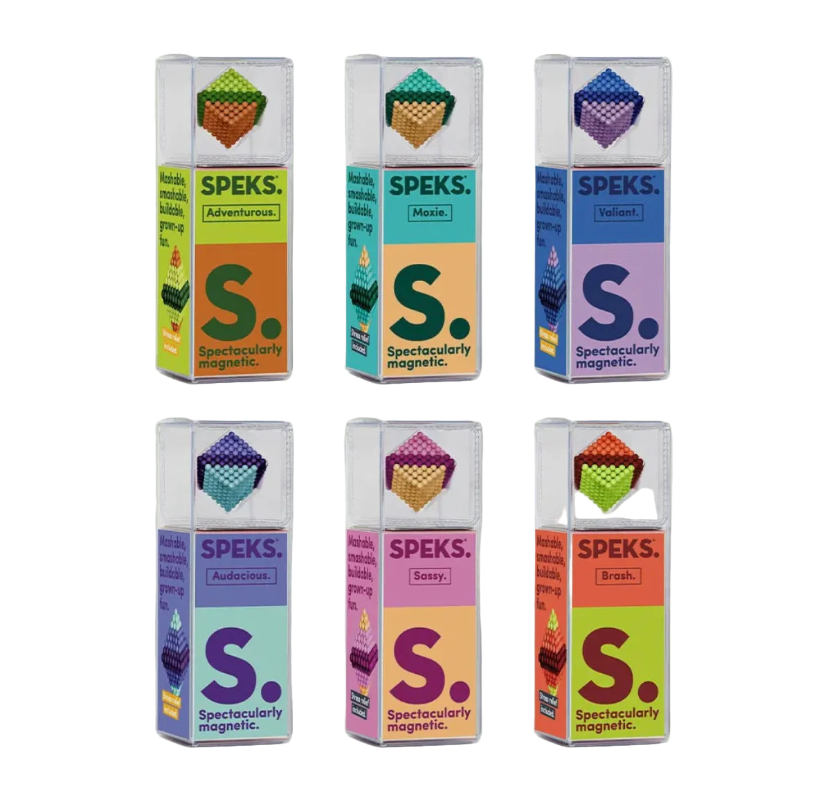 Set of colorful Speks packaging boxes on a light gray background