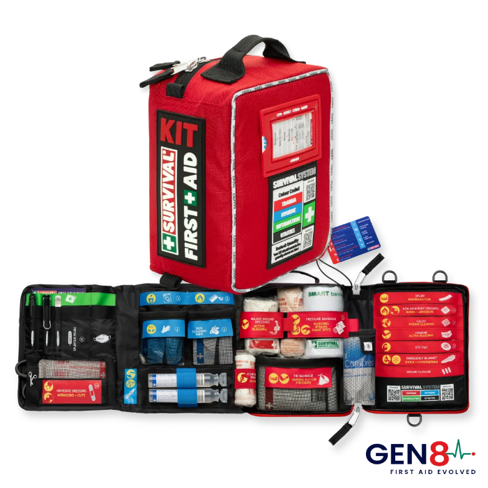 Open red GEN8 survival first aid kit with colour-coded medical supplies and carry case — Adventure Awaits