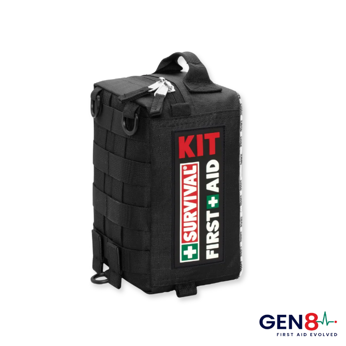 Black GEN8 survival first aid kit in compact MOLLE carry bag with zip closure — Adventure Awaits