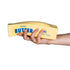 A hand holding a yellow novelty butter-shaped sponge with blue text reading 'SALTED BUTTER' on a plain white background.