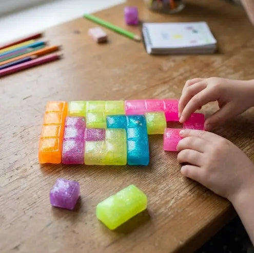 Child playing with Smooshos super squeeze puzzle on wooden table — Adventure Awaits