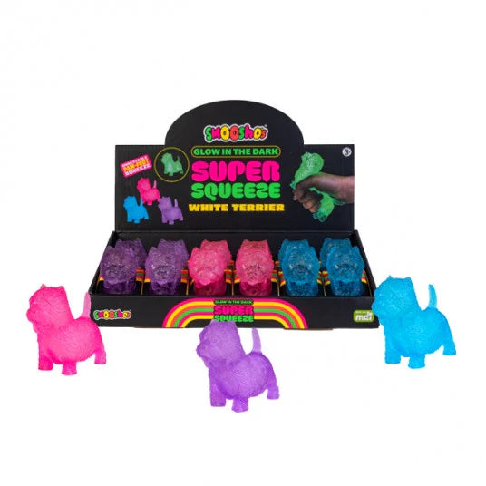 Display of glow-in-the-dark Super Squeeze White Terrier toys with packaging.