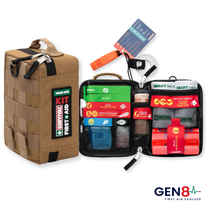 GEN8 survival first aid and snake bite kit with tan carry bag and organised medical supplies — Adventure Awaits