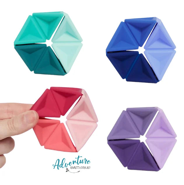 Speks Pivot silicone hexaflexagon fidget toys in teal, blue, pink and purple from Adventure Awaits