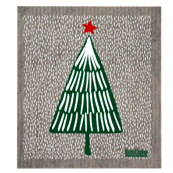 Textile product with a Christmas tree design and a red star on a gray background