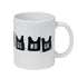 White ceramic mug decorated with black vintage netball bibs marked GS, WD and GK — Adventure Awaits