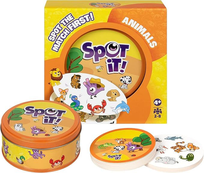Spot It! Animals matching card game with orange storage tin and illustrated animal cards — Adventure Awaits