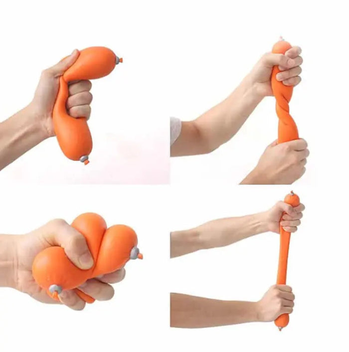 Hands squeeze, twist and stretch an orange sausage-shaped squishy sensory toy — Adventure Awaits