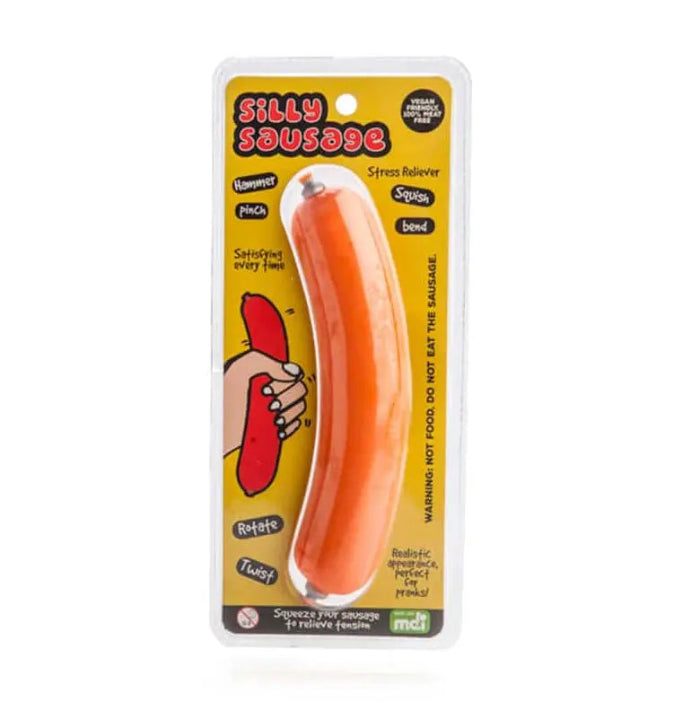 Orange Silly Sausage squishy sensory toy in retail pack for squeezing, bending and twisting — Adventure Awaits