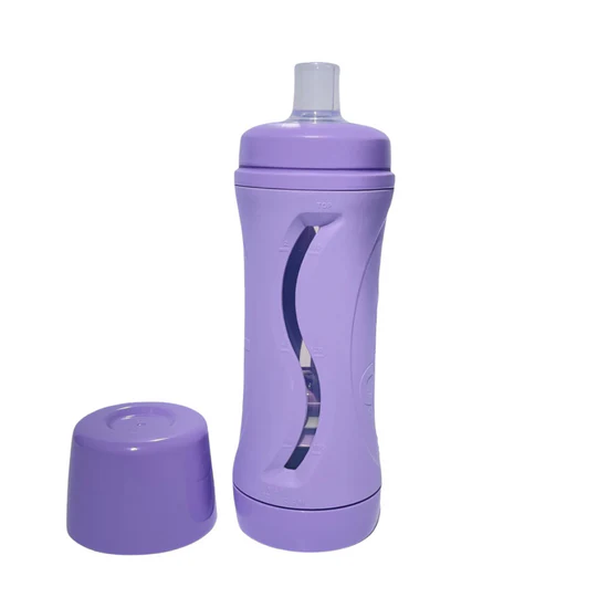 lavender subo the food bottle shown with lid removed and sitting beside the bottle on a white background