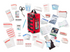 Red Survival Family First Aid kit with emergency supplies arranged around compact carry case — Adventure Awaits