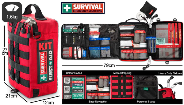 Red Survival Family First Aid kit size guide showing 1.6kg weight, dimensions and open layout — Adventure Awaits