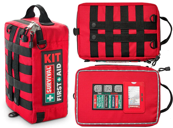 Red Survival Family First Aid kit exterior views with molle straps and emergency guide panel — Adventure Awaits