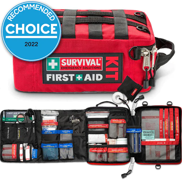 Red Survival Family First Aid kit with Choice award badge and expanded emergency supplies — Adventure Awaits