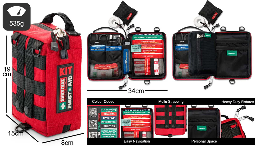 Red Survival Handy First Aid kit size guide showing open layout, dimensions and features — Adventure Awaits